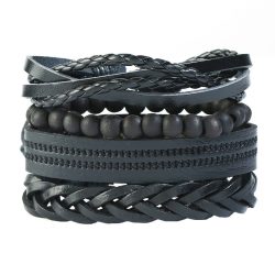 LB-086_1 Black leather Bracelets Set with beads