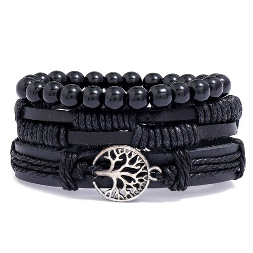 LB-090_1 Tree of life black bead leather bracelet