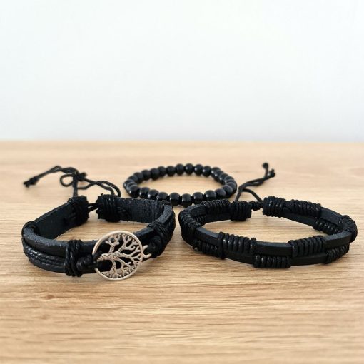 LB-090_2 Tree of life black bead leather bracelet