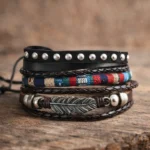 Feather Multicolour Stud Leather Bracelet