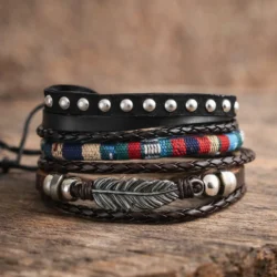 Feather Multicolour Stud Leather Bracelet