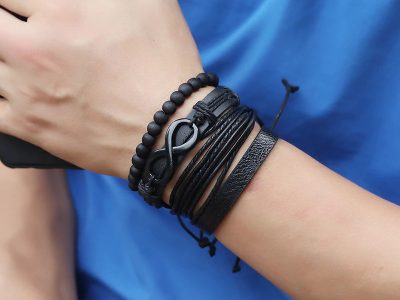 Midnight Harmony Bead Leather Bracelet Black Leather Bracelets